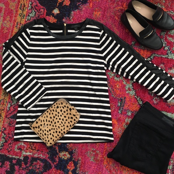 J. Crew Tops - J Crew 🖤 [faux] Leather Trim Stripe Tee